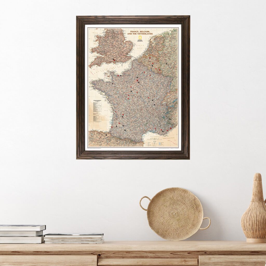 Executive France, Belgium, and The Netherlands Wall Map in Solid Wood Brown Frame