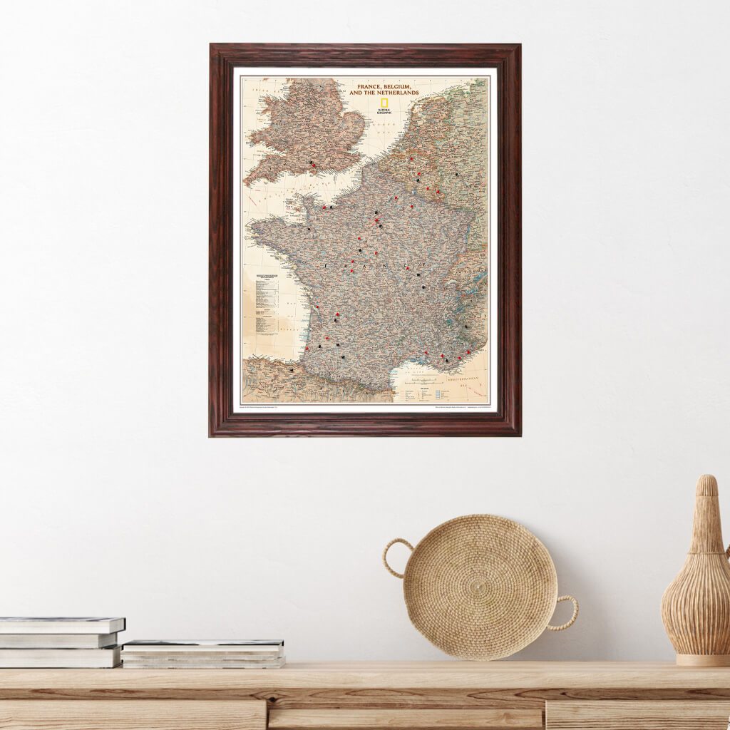 Executive France, Belgium, and The Netherlands Wall Map in Solid Wood Cherry Frame