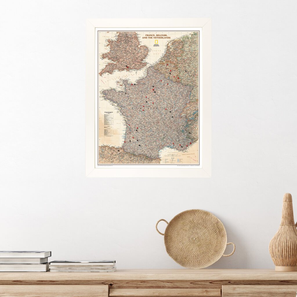 Executive France, Belgium, and The Netherlands Push Pin Travel Map in Textured White Frame