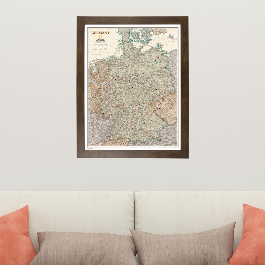 Executive Germany Push Pin Travel Map in Rustic Brown Frame