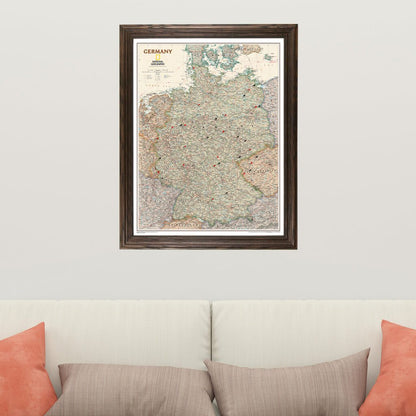 Executive Germany Push Pin Travel Map in Solid Wood Brown Frame