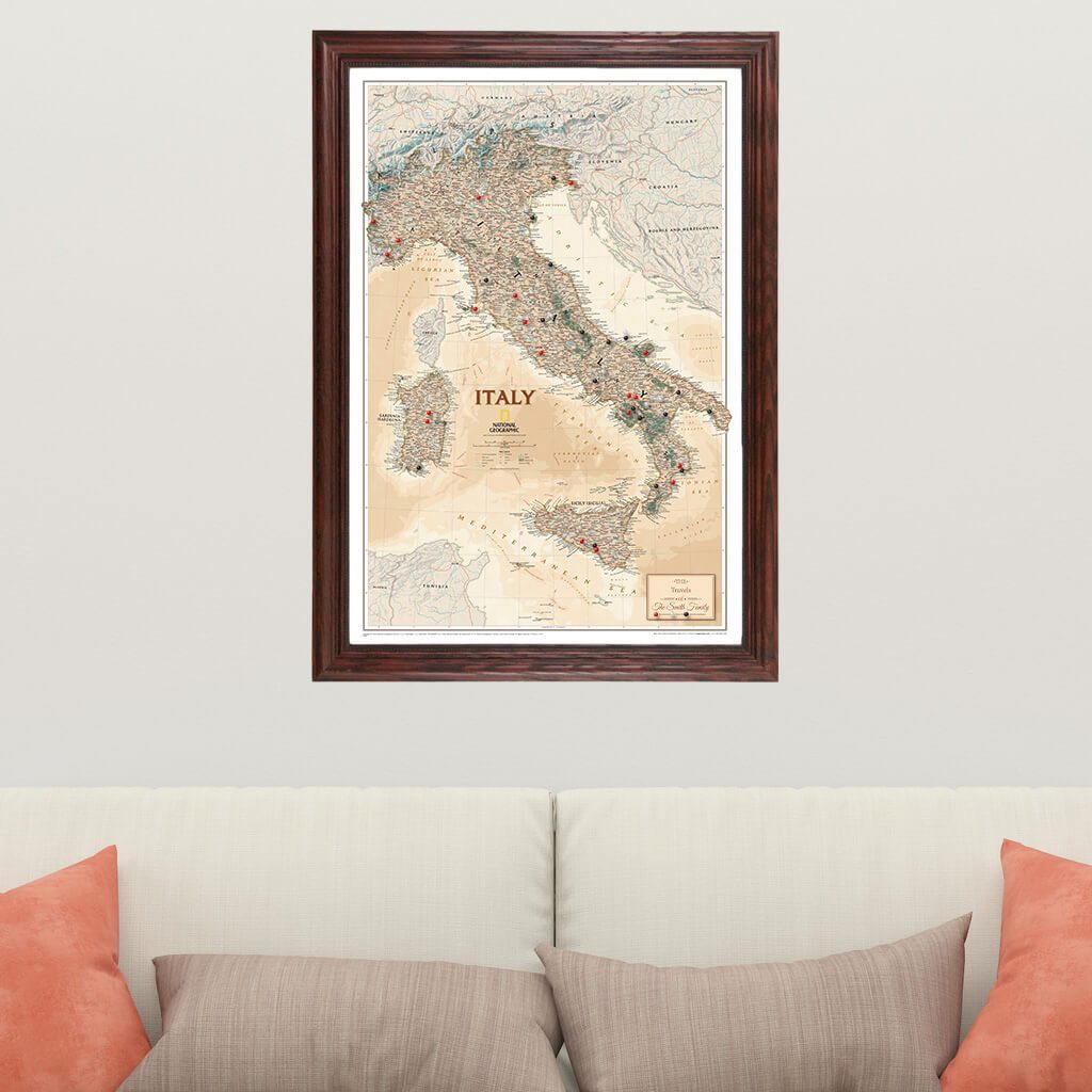 Canvas Executive Italy Travel Map in Solid Wood Cherry Frame