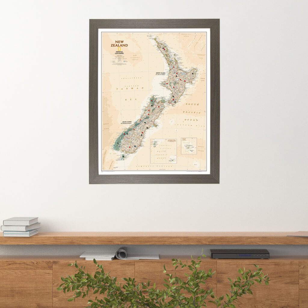Executive New Zealand Push Pin Travel Map in Barnwood Gray Frame