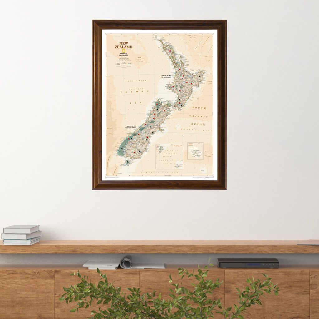 Executive New Zealand Push Pin Travel Map in Brown Frame