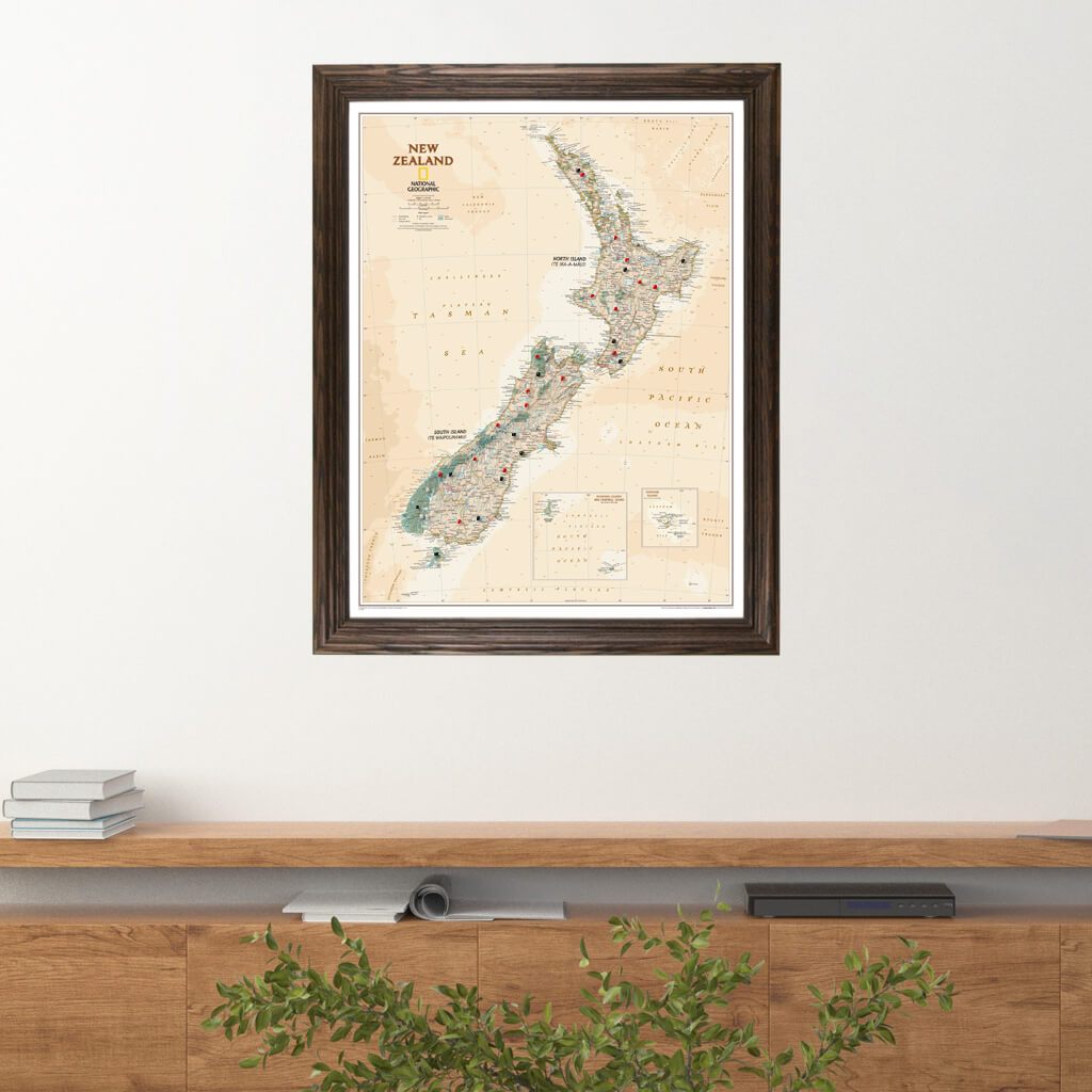 Executive New Zealand Push Pin Travel Map in Solid Wood Brown Frame