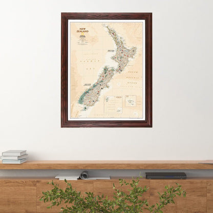 Executive New Zealand Push Pin Travel Map in Solid Wood Cherry Frame