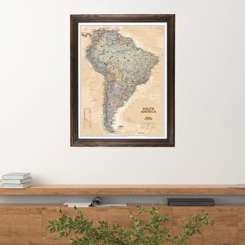 Executive South America Push Pin Travel Map in Solid Wood Brown Frame