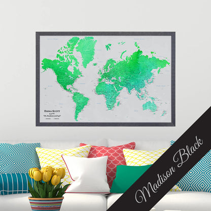 Canvas Watercolor Enchanting Emerald World Map in Premium Madison Black Frame