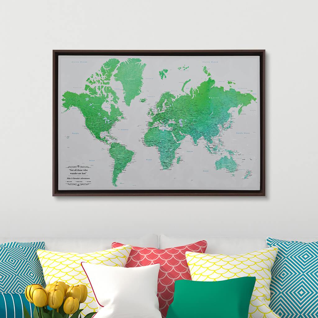 Brown Float Frame - 24x36 Gallery Wrapped Enchanting Emerald Watercolor World Travel Map