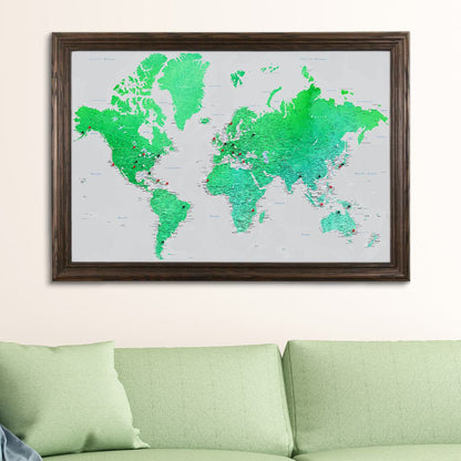 Enchanting Emerald Watercolor World Travel Map with pins