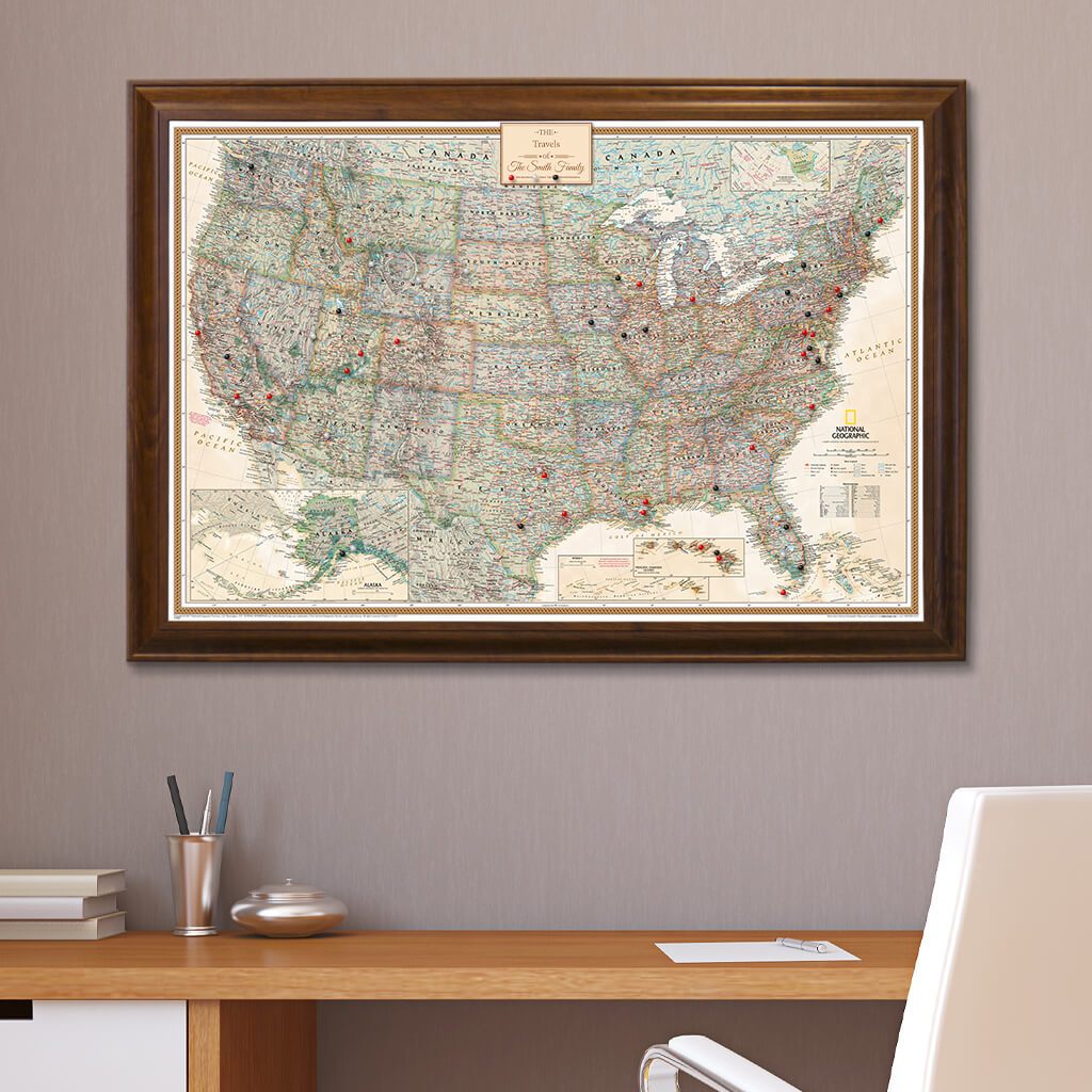 Canvas Executive USA Push Pin Travel Map in Brown Frame