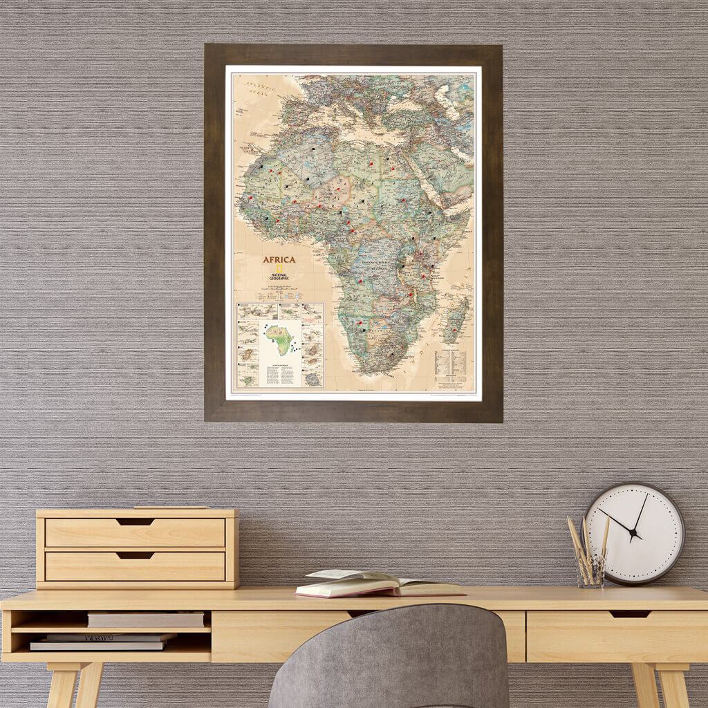 Executive Africa framed travel wall map with rustic brown frame