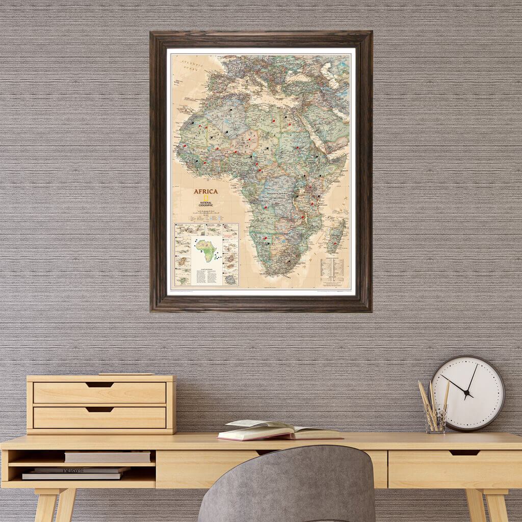 Executive Africa pinboard map with solid wood brown frame