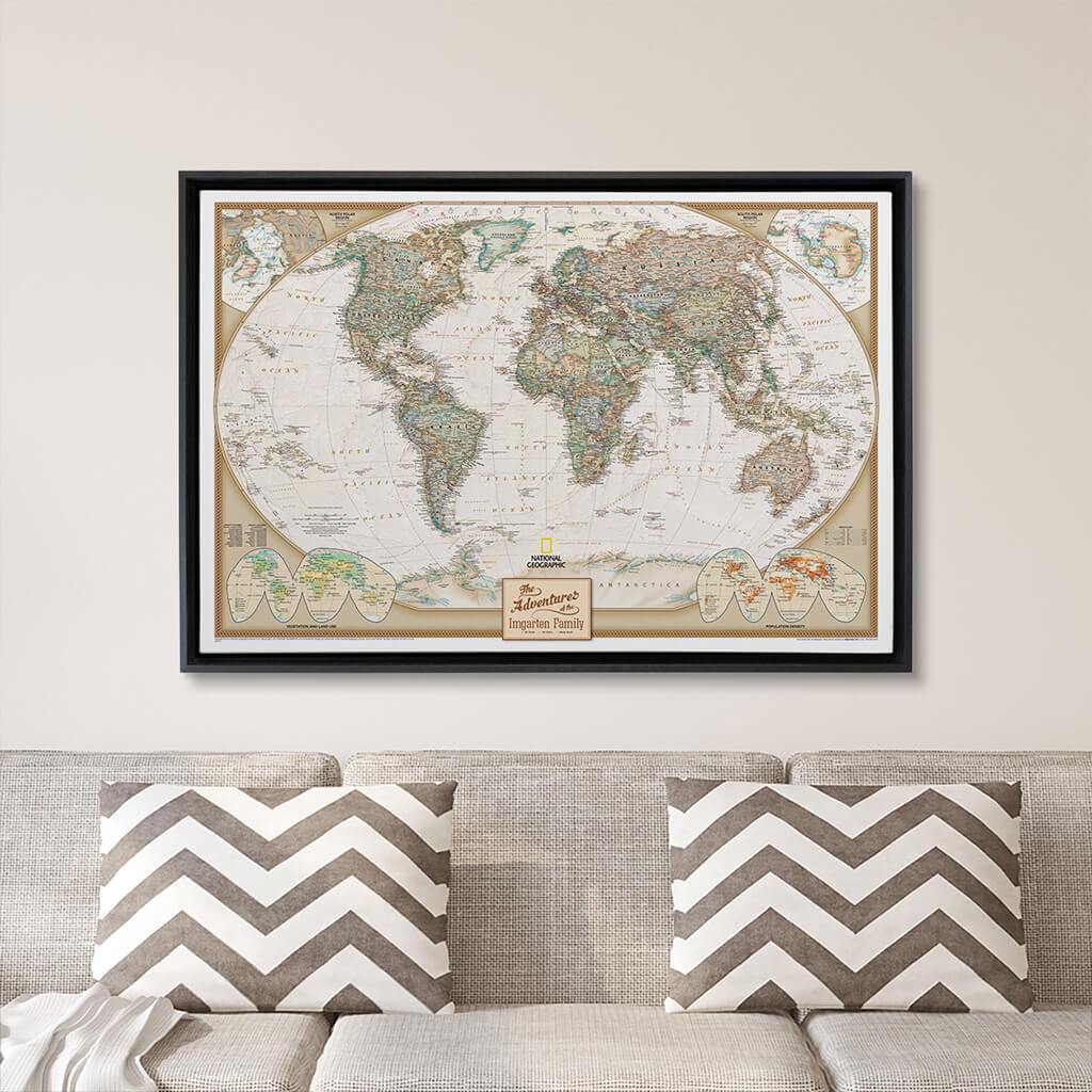 Black Float Frame - 24x36 Gallery Wrapped Executive World Push Pin Travel Map