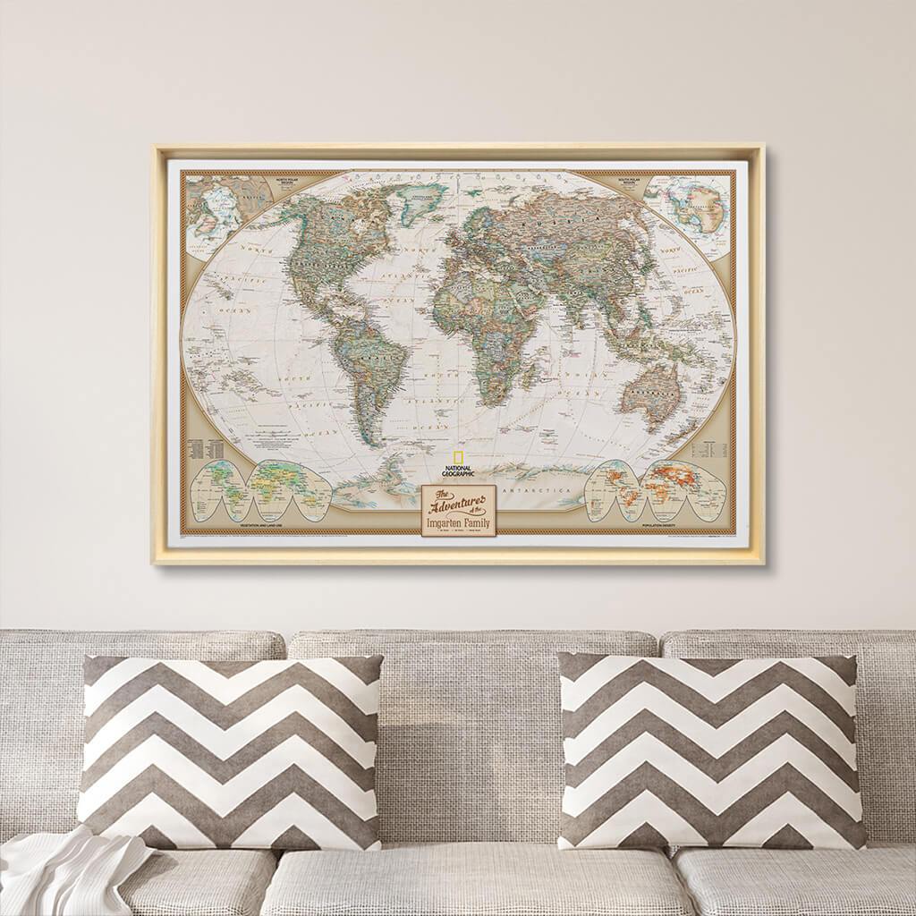 Natural Tan Float Frame - 24x36 Gallery Wrapped Executive World Push Pin Travel Map