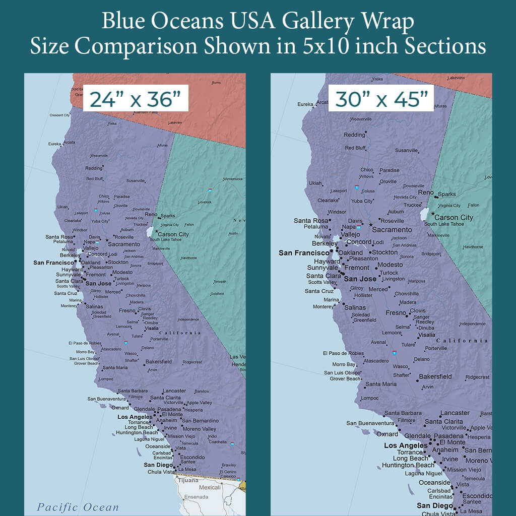 Font Size Comparison Between 24X36 and 30X45 Size Gallery Wrapped Maps