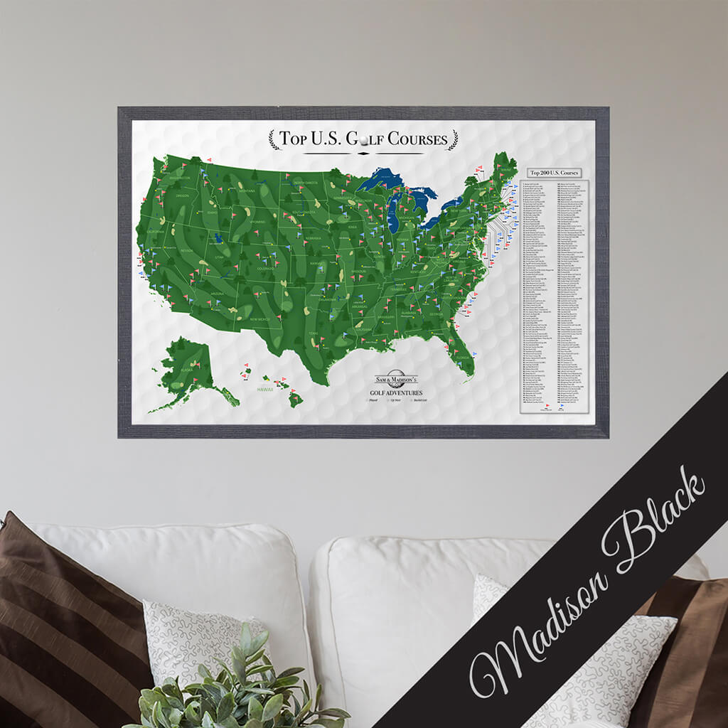 Canvas Golf Push Pin Travel Map in Premium Madison Black Frame