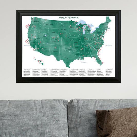 America's 100 Greatest Public Golf Courses Framed Wall Map with Pins