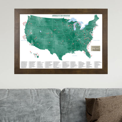 America's 100 Greatest Public Golf Courses Travel Map in Rustic Brown Frame