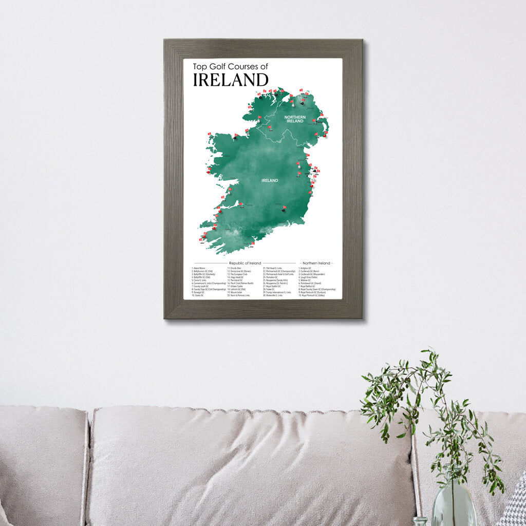 Top Golf Courses of Ireland and Northern Ireland Canvas Push Pin Map in Barnwood Gray Frame