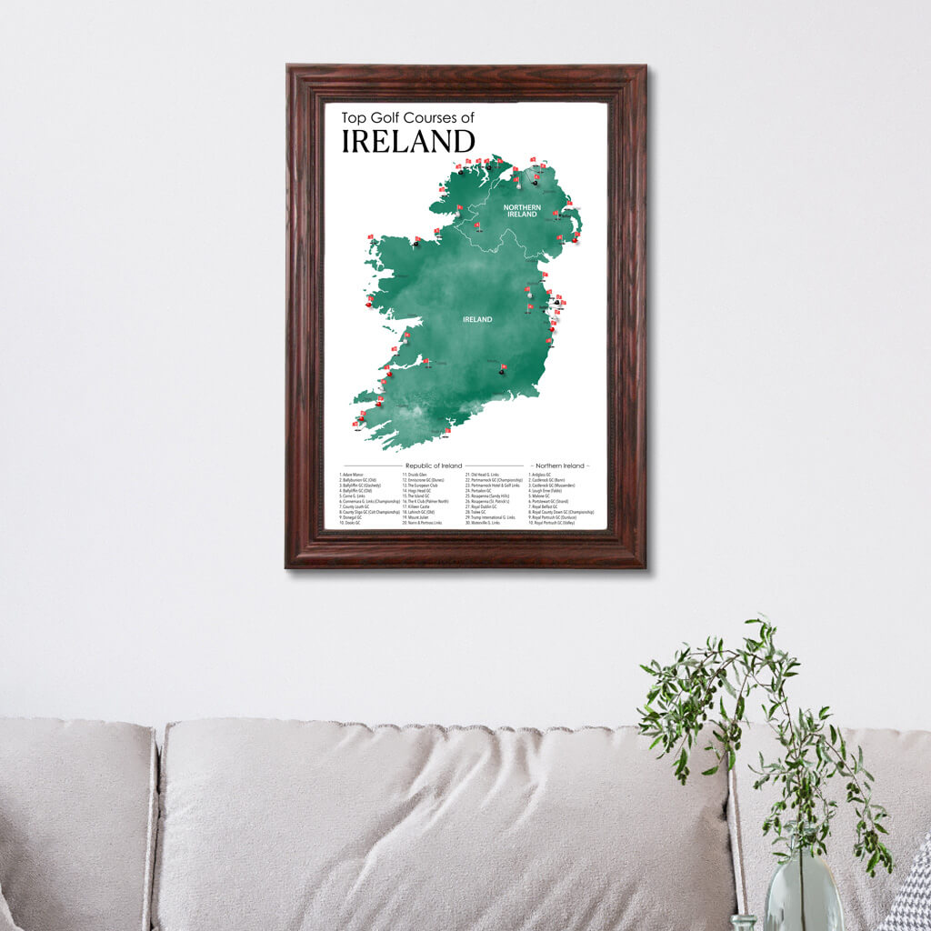 Top Golf Courses of Ireland and Northern Ireland Canvas Push Pin Map in Solid Wood Cherry Frame