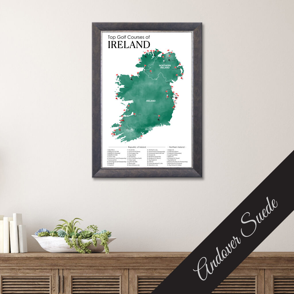 Top Golf Courses of Ireland and Northern Ireland Canvas Push Pin Map in Premium Andover Suede Frame