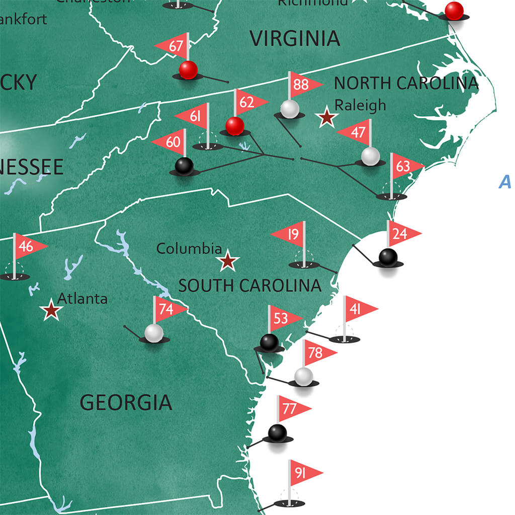 Closeup of East Coast Golf Courses on 100 Public Golf Courses Map