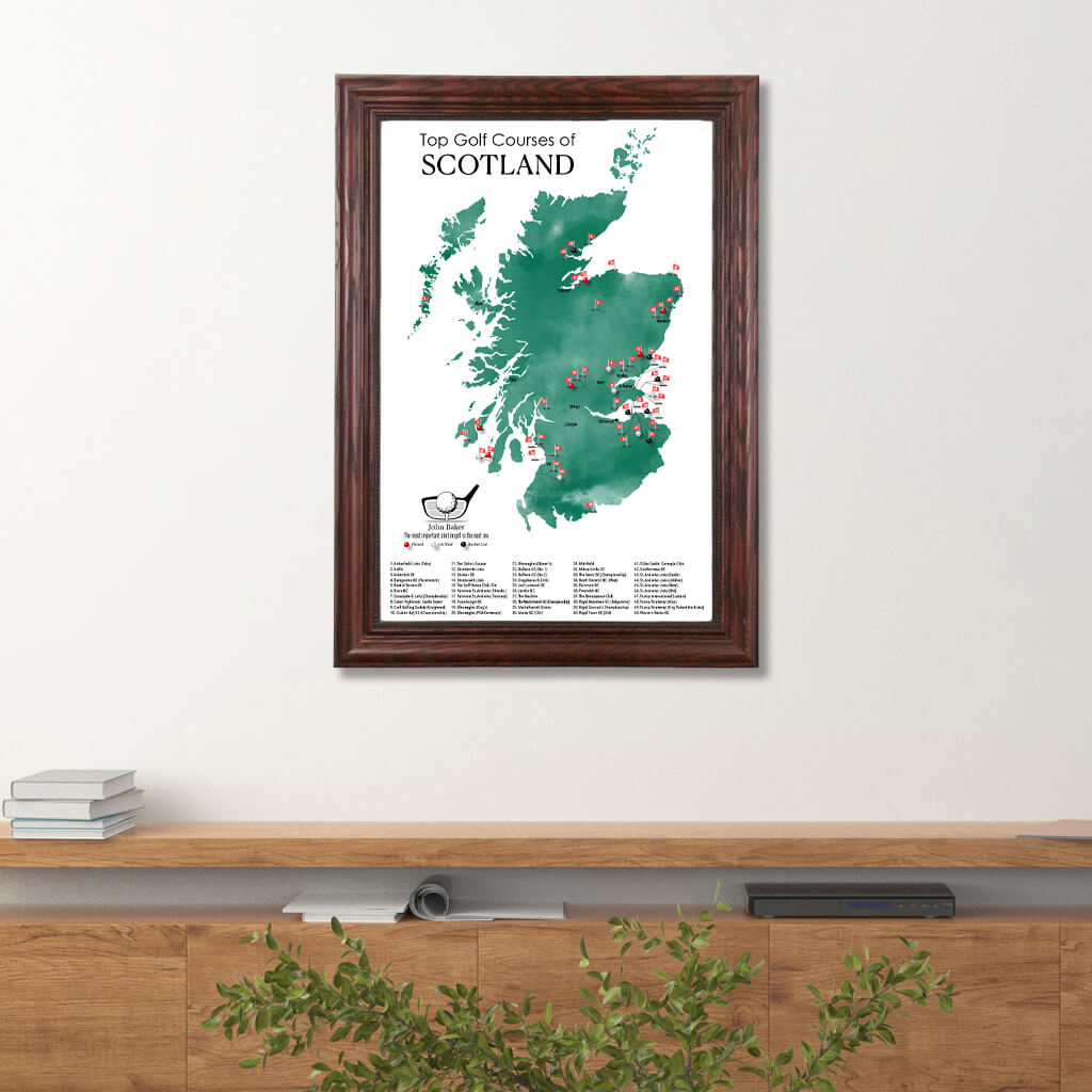 Canvas Map of Top Golf Courses of Scotland Travel Map in Solid Wood Cherry  Frame