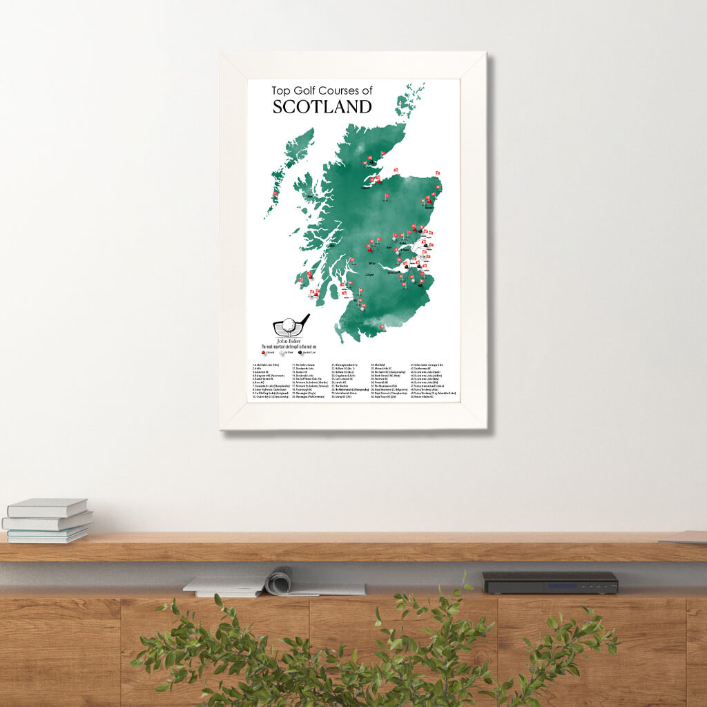 Canvas Map of Top Golf Courses of Scotland Travel Map in Textured White Frame