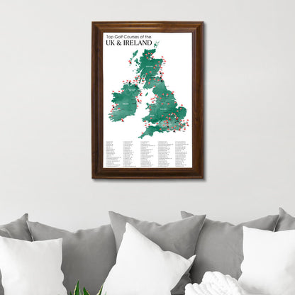 Canvas Map of Top Golf Courses of the UK & Ireland in Brown Frame