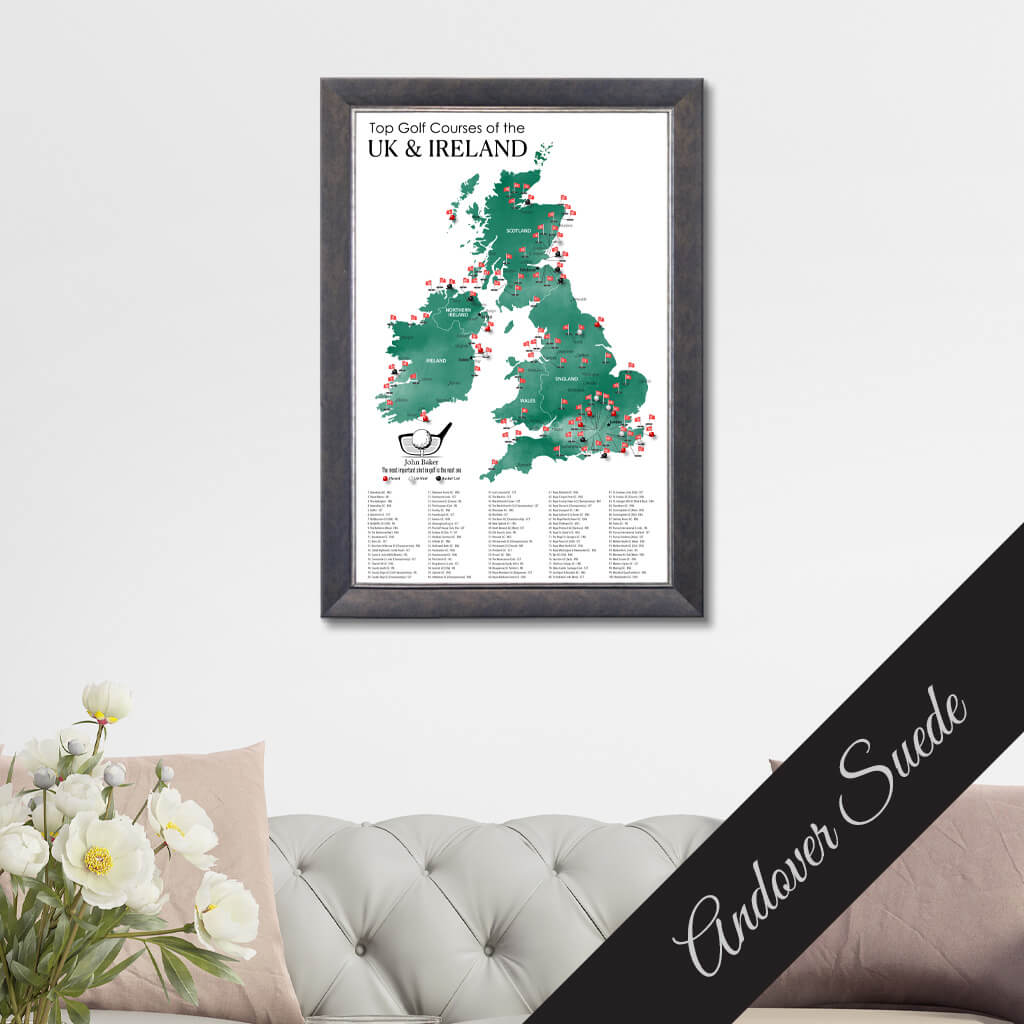 Canvas Map of Top Golf Courses of the UK &amp; Ireland in Premium Andover Suede Frame