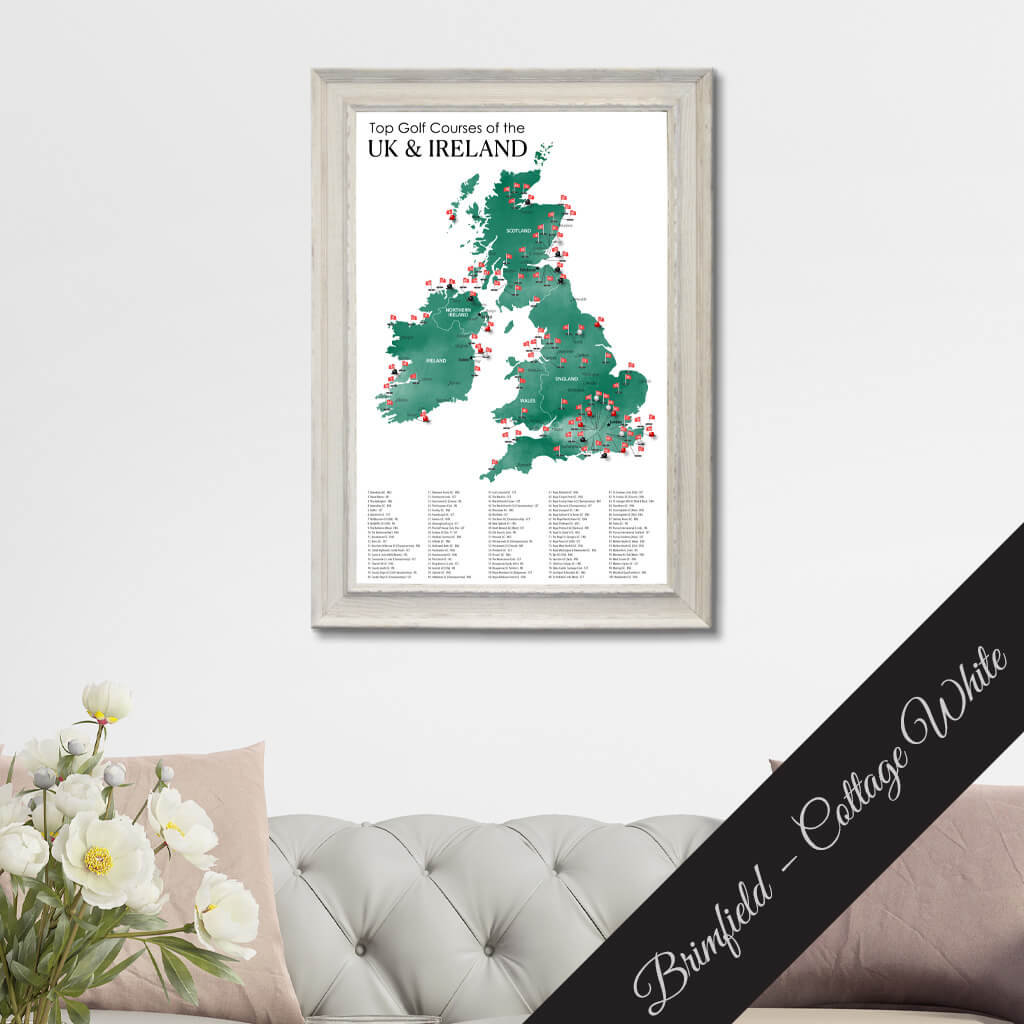 Canvas Map of Top Golf Courses of the UK & Ireland in Premium Brimfield White Frame