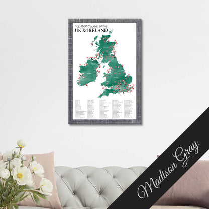 Canvas Map of Top Golf Courses of the UK & Ireland in Premium Madison Gray Frame