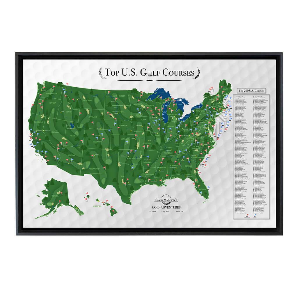 Gallery Wrapped Canvas Top US Golf Courses Map in Black Float Frame