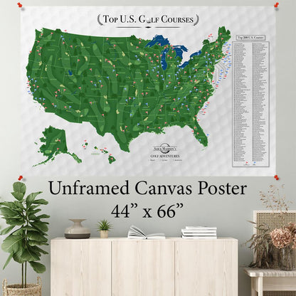 Large Canvas Wall Poster of 200 Top US Golf Courses - 44 inches by 66 inches