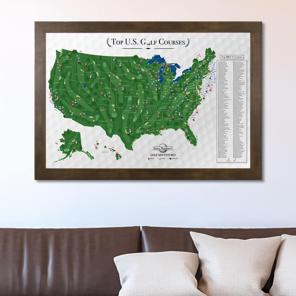 Framed Canvas Golfers Map with Pins in Rustic Brown Frame