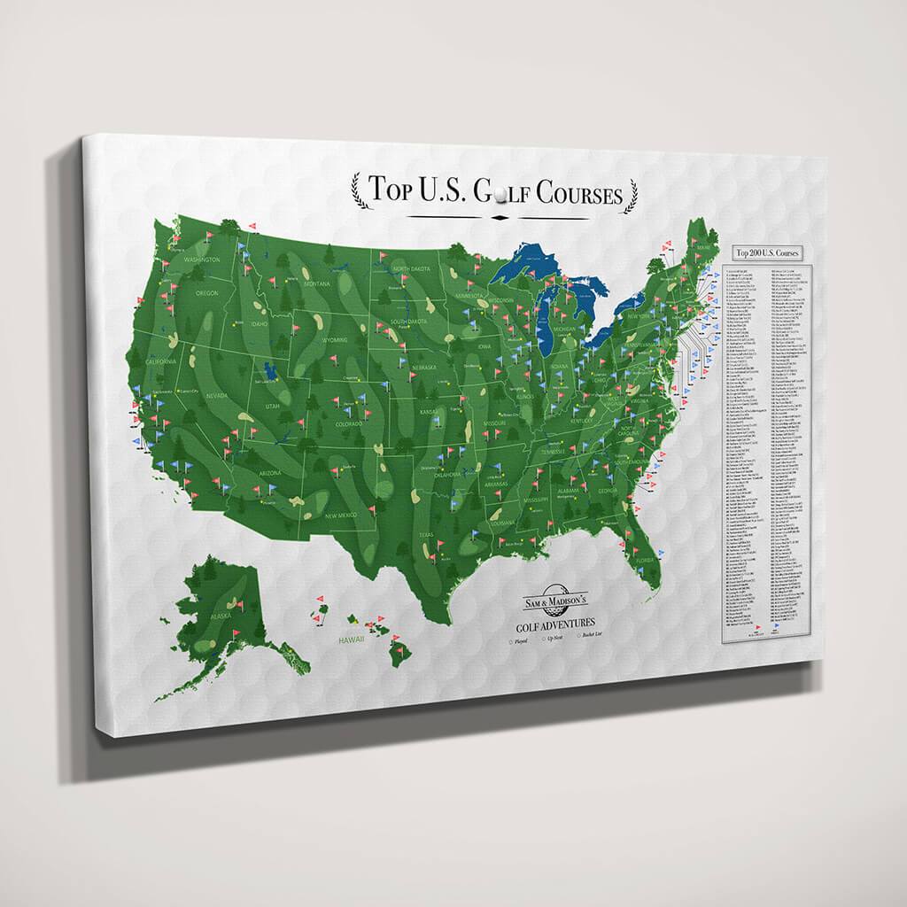 Gallery Wrapped Canvas Top US Golf Courses Map with Pins Sideview