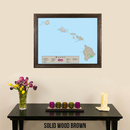 Earth Toned Hawaii State Travel Map Solid Wood Brown Frame