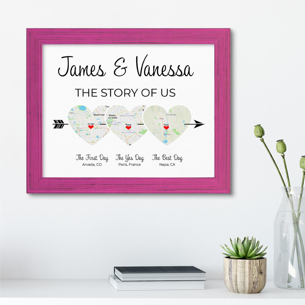 The Story of Us Couples Wall Art in Carnival Pink Real Wood Frame