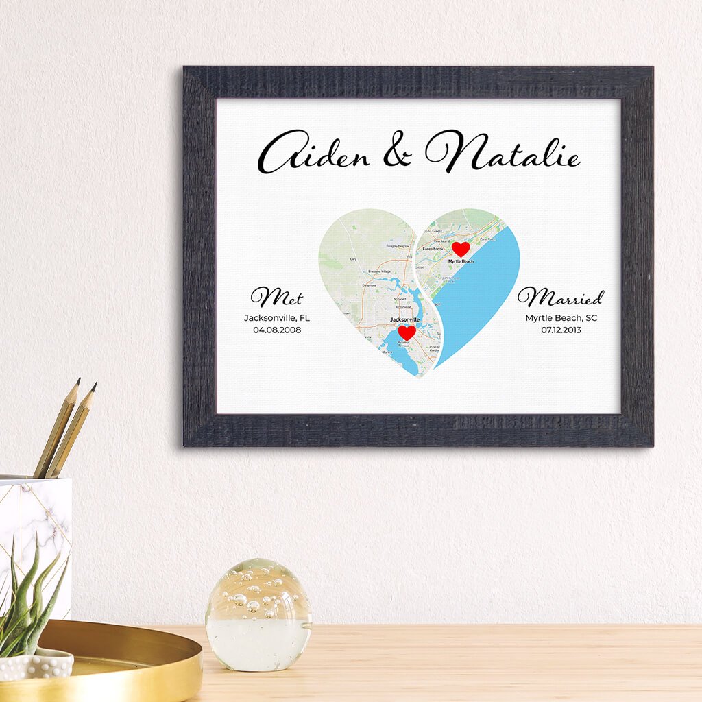 Yin-Yang Heart Shaped Map Print Madison Black Real Wood Frame