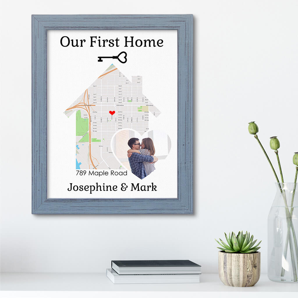 Our First Home With Photo Customizable Canvas Map Art in Carnival Gray Solid Wood Frame
