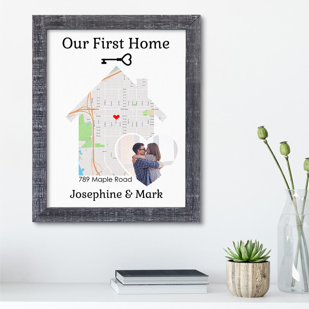 Our First Home With Photo Customizable Canvas Map Art in Madison Gray Solid Wood Frame