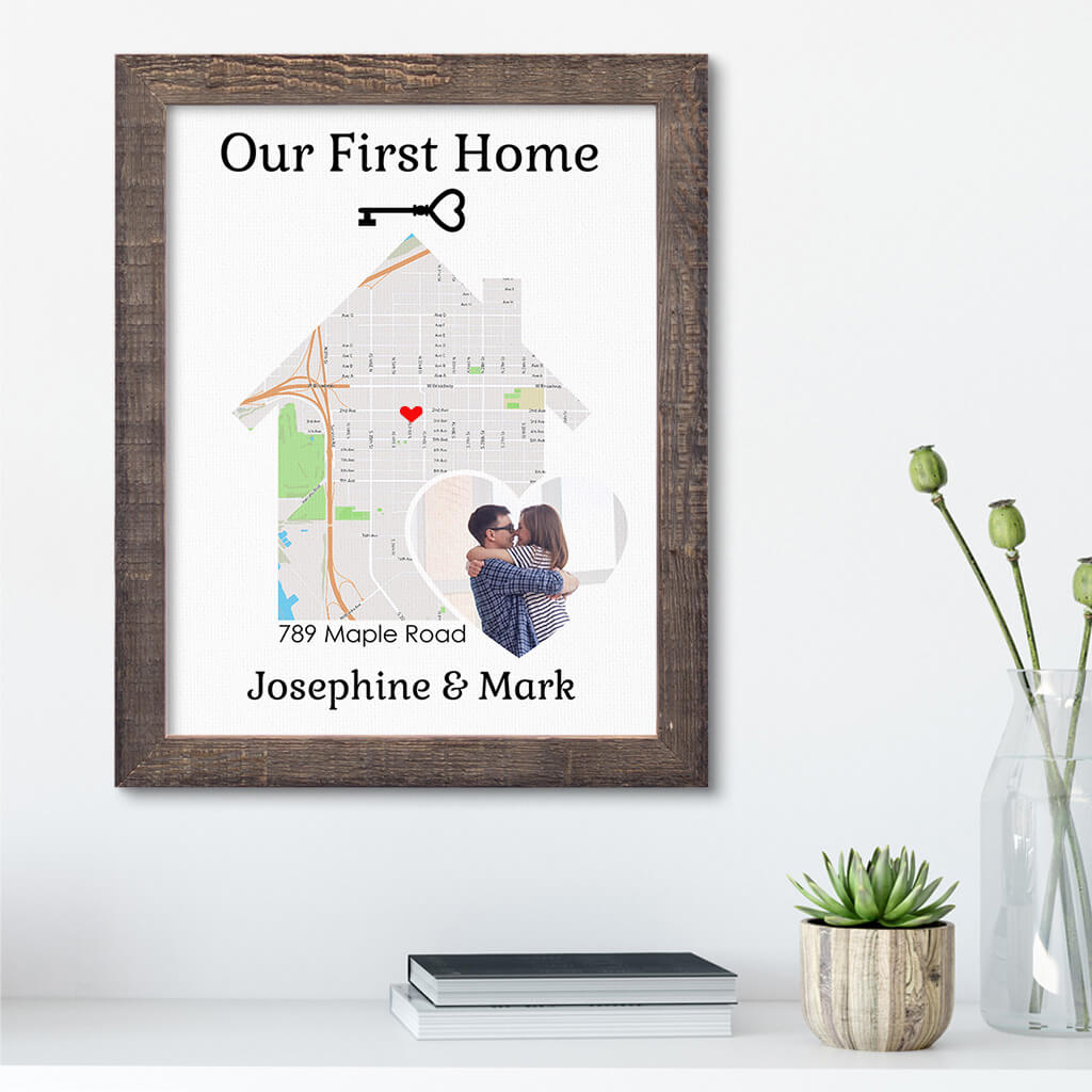 Our First Home With Photo Customizable Canvas Map Art in Madison Natural Solid Wood Frame
