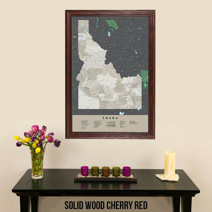 Earth Toned Idaho State Push Pin Travel Map Solid Wood Cherry Frame