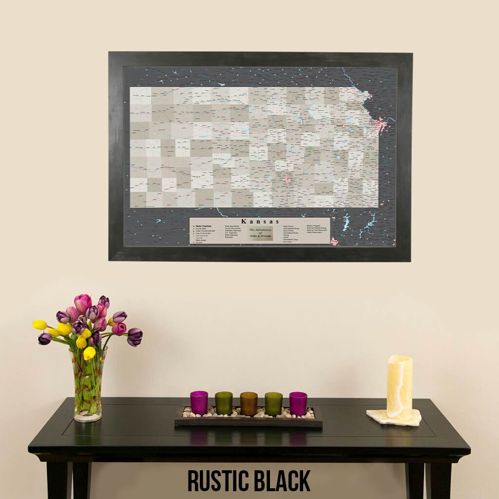 Earth Toned Kansas State Travel Map Rustic Black Frame