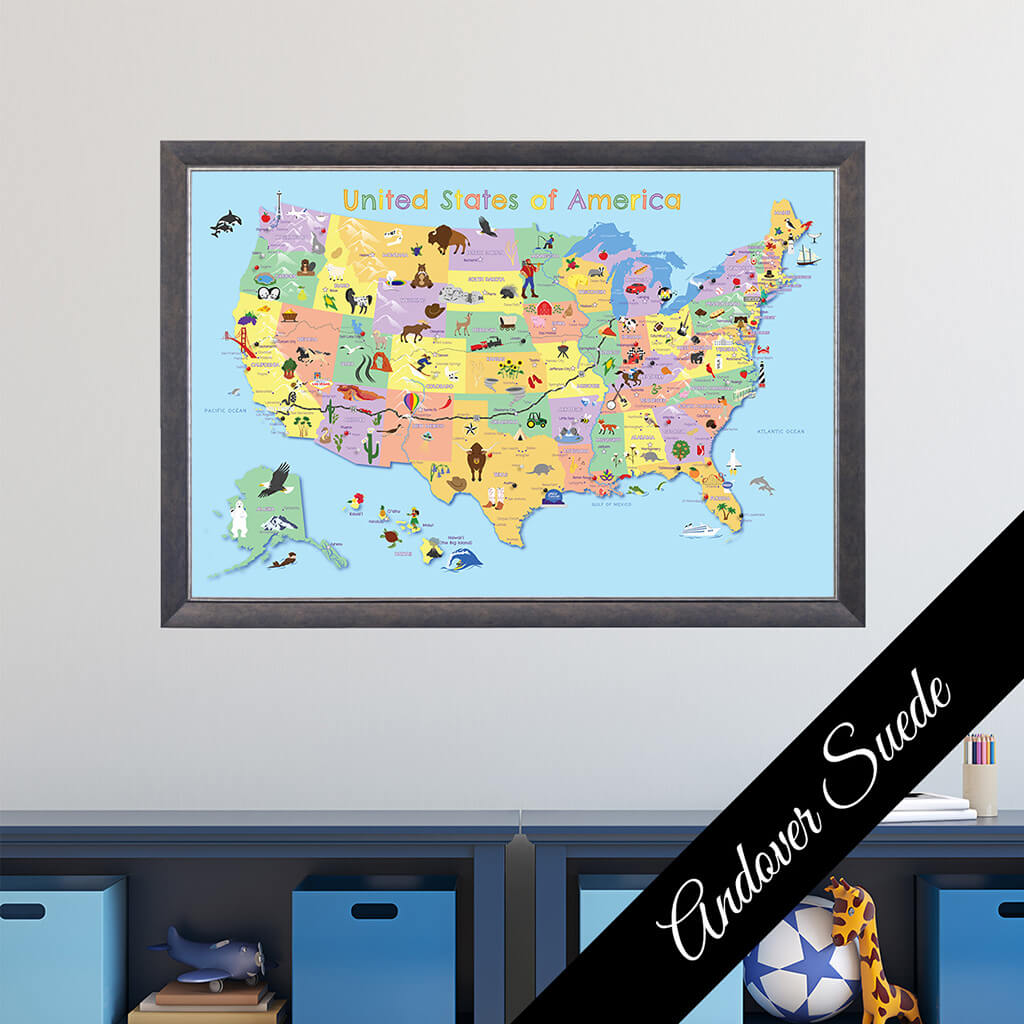 Canvas Kids Push Pin Map in Premium Andover Suede Frame