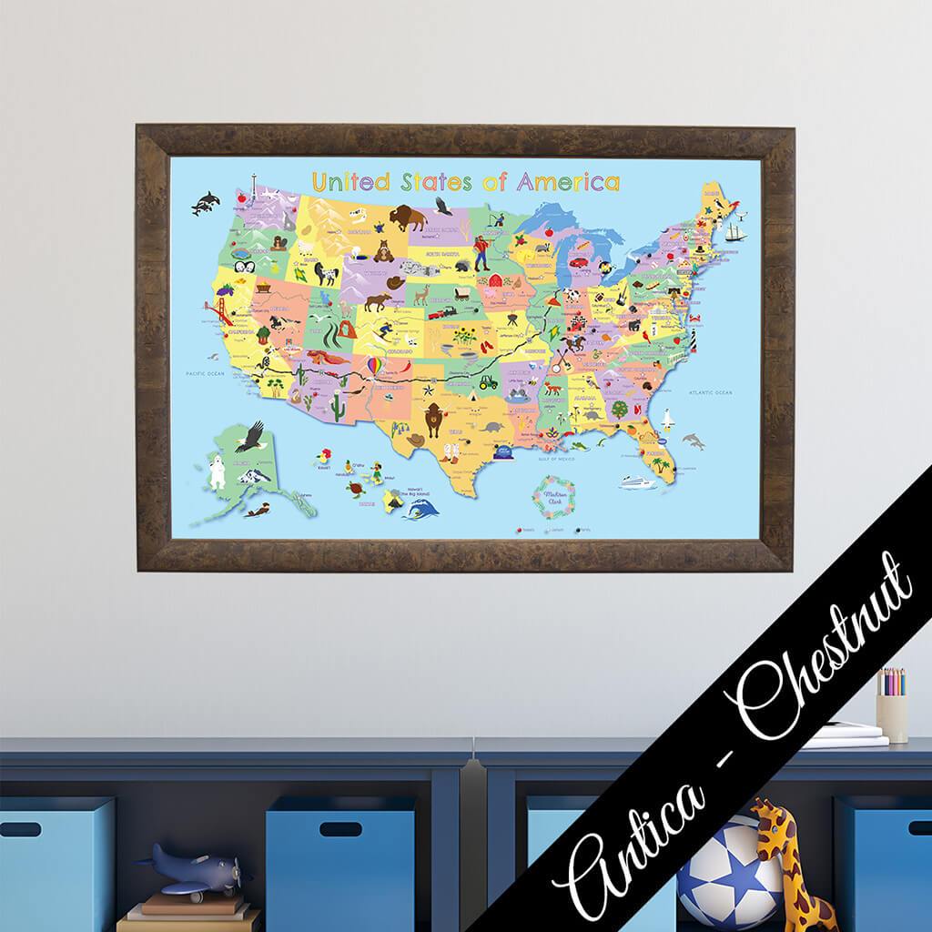 Canvas Kids Push Pin Map in Premium Antica Chestnut Frame