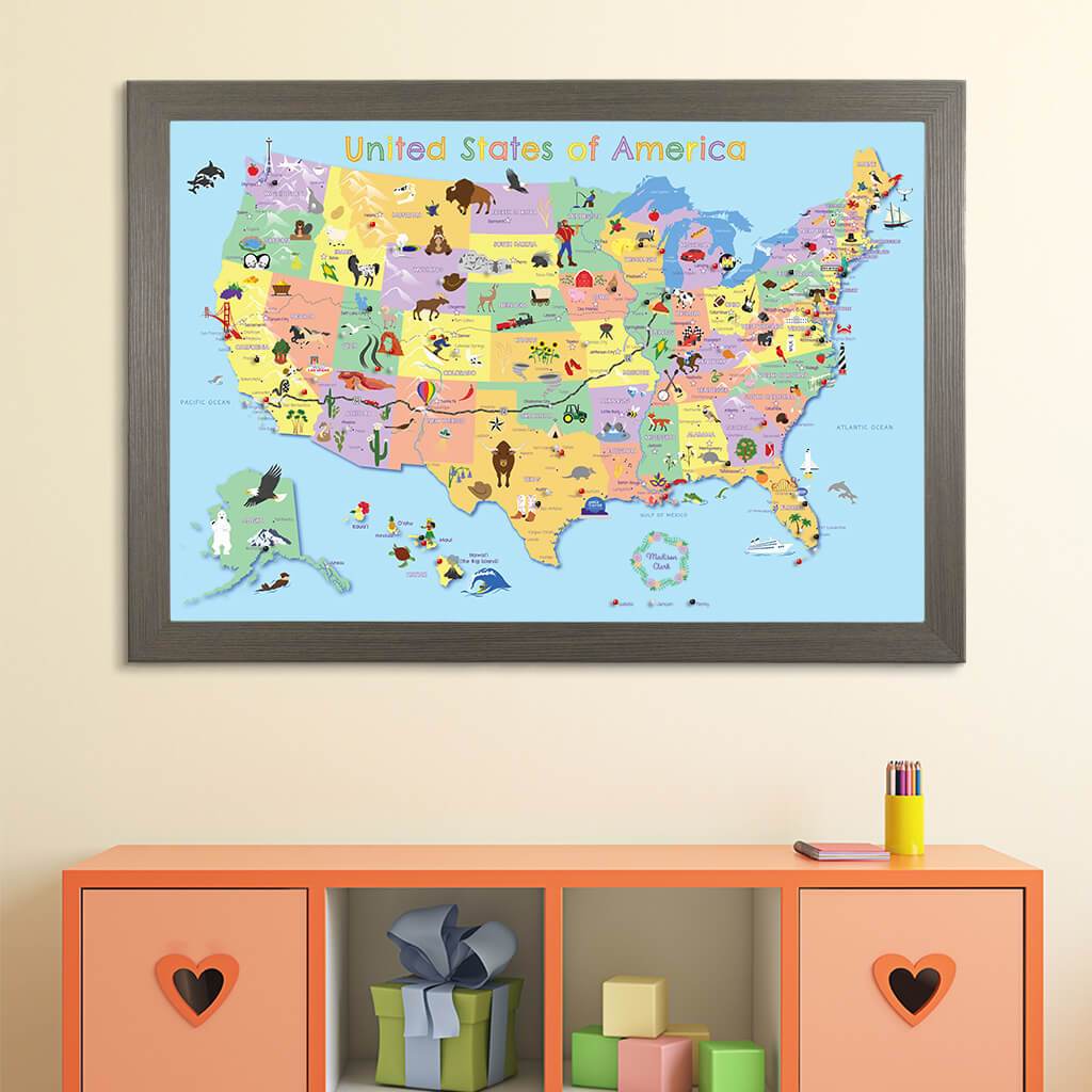 Kids Map on Canvas in Barnwood Gray Frame