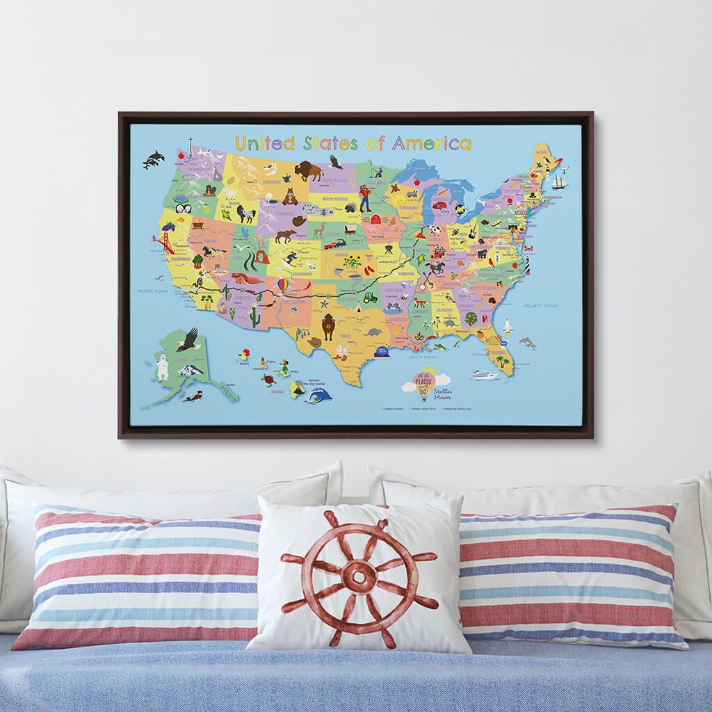 Brown Float Frame -24x36 Gallery Wrapped Canvas Kids Map 