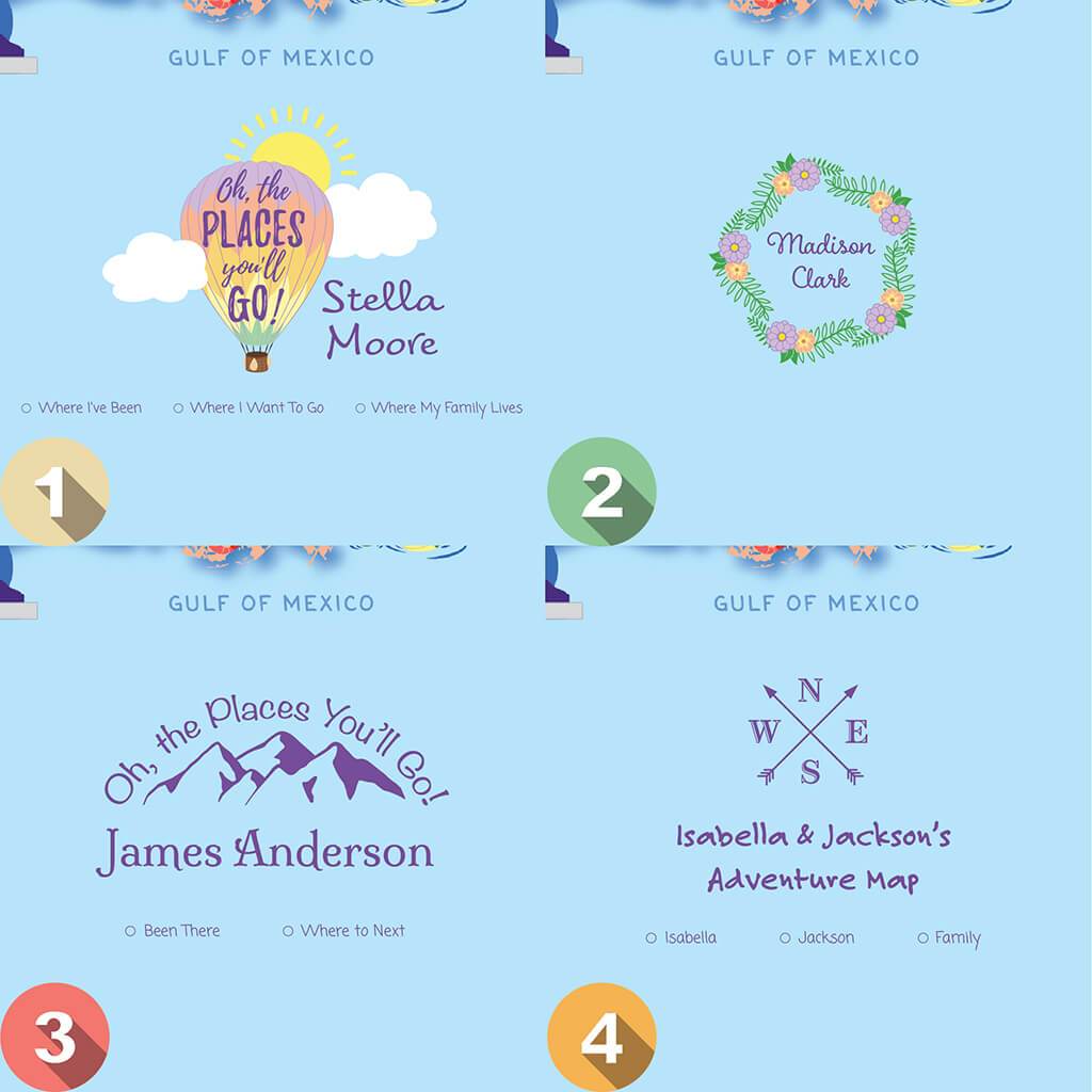 Personalization Options for Canvas Kids USA Push Pin Map